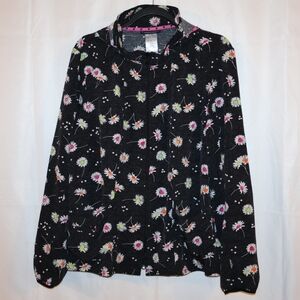 Heartsoul Charcoal Black Colored Daisy Print Medical Scrub Jacket With Hood. XL.